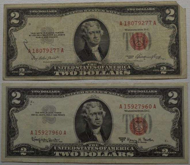 1953 & 1963-A Series $2 Two Dollar Red Seal Jefferson Bank Note US Bill (lot of 2)