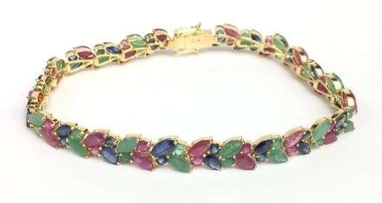 Beautiful Natural Ruby, Emerald, & Blue Sapphire Bracelet in 14kt Solid Yellow Gold- 15+Carats!
