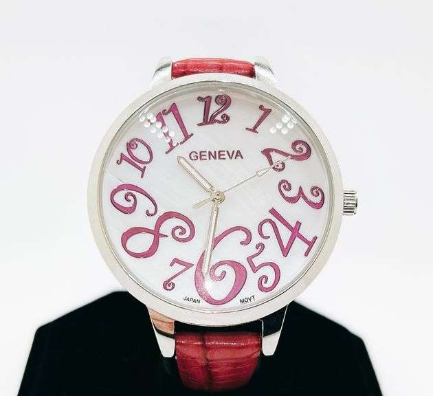 Big Numbers Geneva Watch w/ Mother of Pearl Face & Genuine Leather Strap