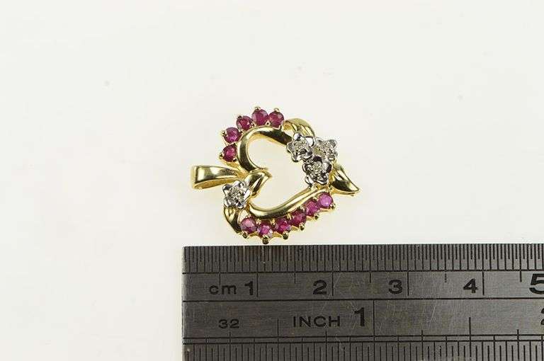 10K Yellow Gold Natural Ruby Diamond Floral Heart Classic Pendant