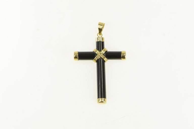 14K Yellow Gold Black Onyx Carved Cross Christian Faith Pendant