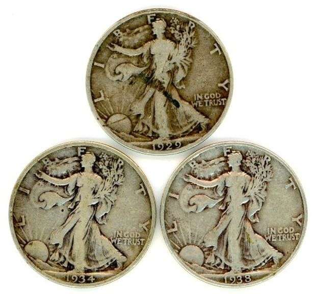 3 Different Walking Liberty Half Dollars: 1929-D, 1934-S, & 1938