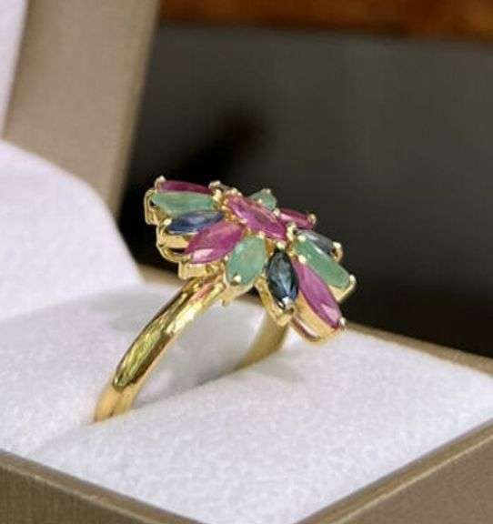 14KT SOLID YELLOW GOLD, RUBY, EMERALD, & BLUE SAPPHIRE COCKTAIL RING