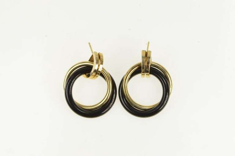 14K Yellow Gold Retro Black Onyx Door Knocker Ring Dangle Earrings