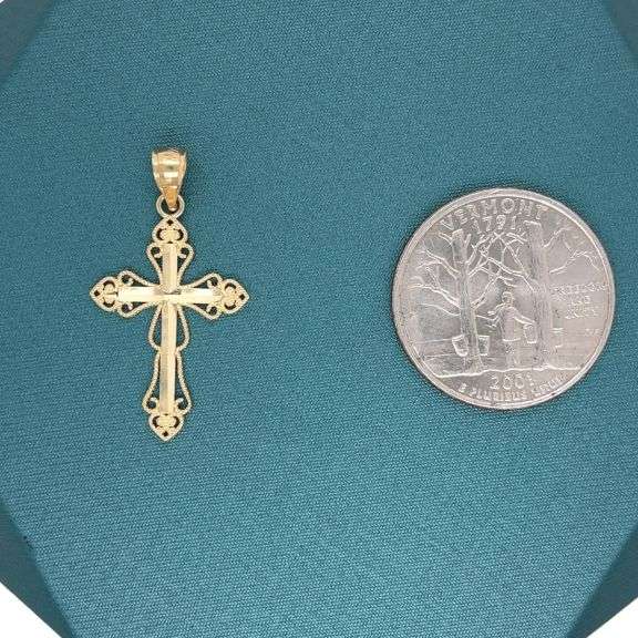 14K YELLOW GOLD CROSS WITH HEARTS AND CHAIN