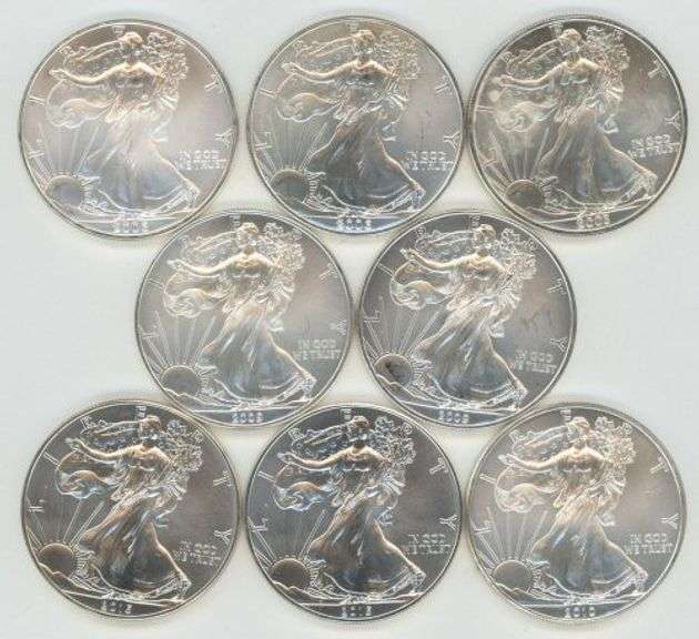 8 Assorted Gem BU $1 American Silver Eagles 2003 to 2015