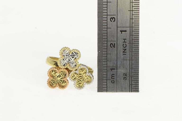 14K Yellow Gold Tri Tone Textured Flower Cluster Bypass Ring
