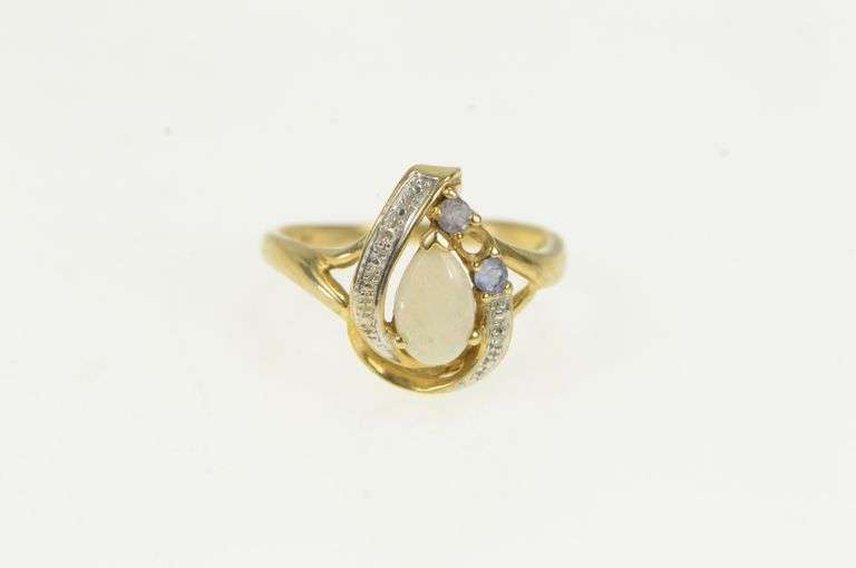 10K Yellow Gold Pear Opal Tanzanite Diamond Halo Statement Ring
