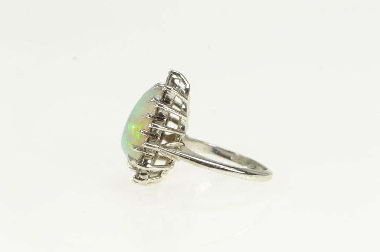 14K White Gold Pear Opal Diamond Halo Vintage Statement Ring