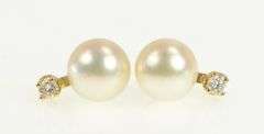 14K Yellow Gold 6.7mm Pearl Diamond Accent Vintage Stud Earrings
