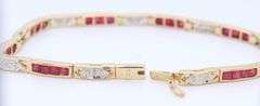 Pleasing Yellow Gold Princess Cut Ruby and Diamond Link Bracelet