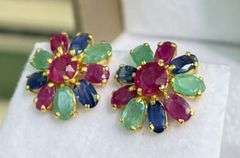 14KT YELLOW GOLD, RUBY, EMERALD, & BLUE SAPPHIRE EARRINGS