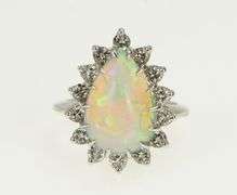 14K White Gold Pear Opal Diamond Halo Vintage Statement Ring