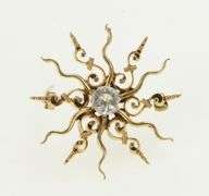 14K Yellow Gold Victorian Sun Swirl Flower CZ Statement Pin/Brooch