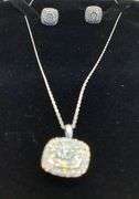 TIMELESS 10K WHITE GOLD MULTI DIAMOND CUSHION PENDANT NECKLACE AND STUD EARRINGS SET