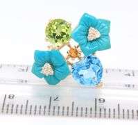 Lovely Yellow Gold Floral Turquoise Flower with Diamond and Topaz, Peridot, Citrine Omega Back Earrings
