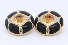 Gorgeous Hexagen Citrine and Black Onyx and Diamond Round Yellow Gold Earrings