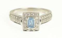 14K White Gold Emerald Cut Blue Topaz Diamond Halo Ring