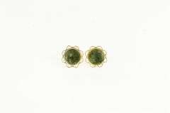 14K Yellow Gold Round Nephrite Vintage Scalloped Stud Earrings