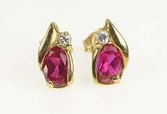 10K Yellow Gold Syn. Ruby Diamond Accent Stud Vintage Earrings