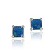 Created Blue Opal Stud Earrings in Sterling Silver
