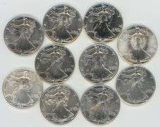 Superb Gem BU run of 10 Different $1 Silver Eagles 1986 to 1998