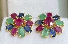 14KT SOLID YELLOW GOLD, RUBY, EMERALD, AND BLUE SAPPHIRE FLOWER EARRINGS