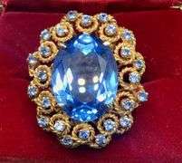 GORGEOUS VINTAGE 14K YELLOW GOLD RING WITH LARGE OVAL AND SKY BLUE STONES