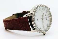 Beautiful Mother of Pearl & Gemstone Watch-Red Genuine Leather Band