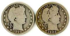2 Different 'S' Mint Barber Silver Quarters: 1899-S & 1902-S