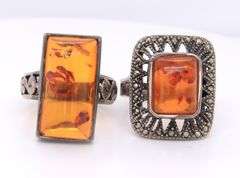 Lot of 2 Vintage 925 Sterling Silver Amber Rings