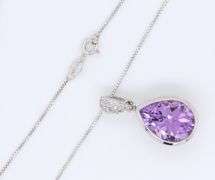 Pear Shaped Bezel Amethyst with Diamonds Pendant on Sterling Silver Chain