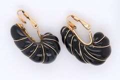 Fancy Yellow Gold Black Onyx and Gold J Hoop Earrings
