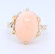 Powerful Yellow Gold Diamond and oval Cab Coral Ring