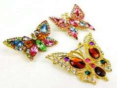 3 Colorful Rhinestone Butterfly Pins