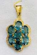 STUNNING 14KT SOLID YELLOW GOLD, 13.0+ CARAT BLUE ZIRCON & DIAMOND PENDANT