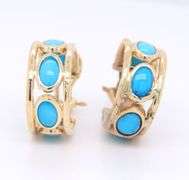 Attractive Yellow Gold oval Turquoise Bezel Set Hoop Earrings