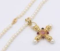Garnet and Pearl Cross Pendant on Pearl Chain Necklace