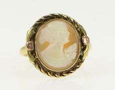 10K Yellow Gold Ornate Carved Shell Lady Cameo Statement Ring