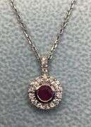 GORGEOUS VINTAGE STYLE 14K WHITE GOLD RUBY AND DIAMOND PENDANT NECKLACE