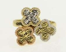 14K Yellow Gold Tri Tone Textured Flower Cluster Bypass Ring