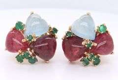 Charming Yellow Gold Heart Cab Ruby & Aquamarine and Emerald Art Deco Clip on Earrings