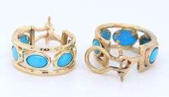 Attractive Yellow Gold oval Turquoise Bezel Set Hoop Earrings