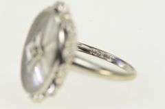 10K White Gold Oval Camphor Glass Diamond Filigree Ornate Ring