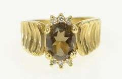 14K Yellow Gold Smoky Quartz Diamond Curved Grooved Ring