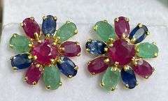 14KT YELLOW GOLD, RUBY, EMERALD, & BLUE SAPPHIRE EARRINGS