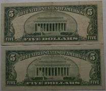 1953-A & 1963 Series $5 Five Dollars Red Seal Lincoln Bank Note US Bill (lot of 2)