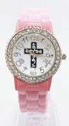 Fancy Pink Geneva Watch w/ Cross Graphic and Gemstones