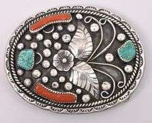 Coral and Turquoise Belt Buckle In Sterling Silver