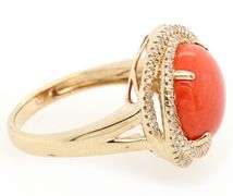 Round Coral Cabochon and 0.35ctw Diamond Swirl Halo Ring in 14K